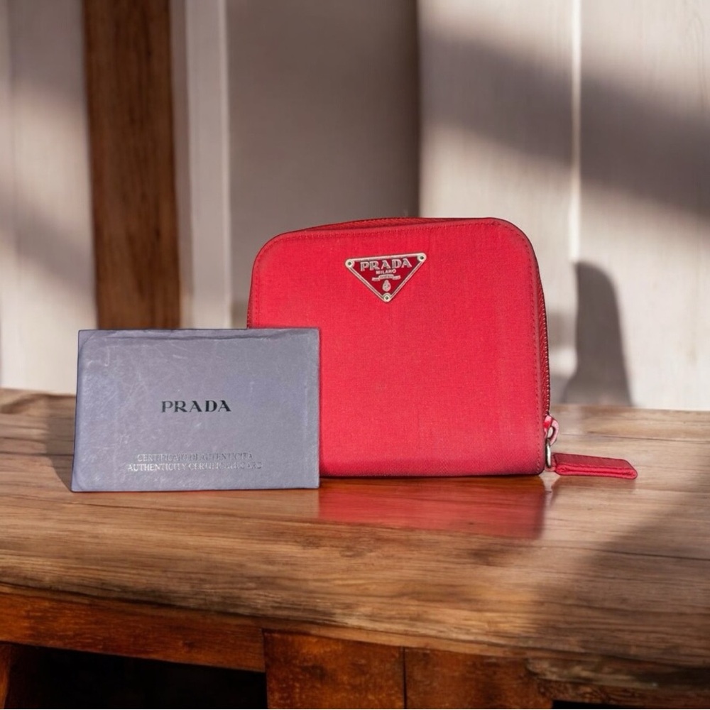 Prada Red Nylon & Saffiano Leather Zip Compact Wallet